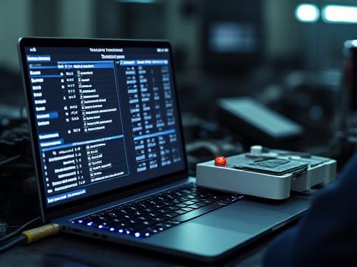 Professional laptop connected to a car's ECU for remapping