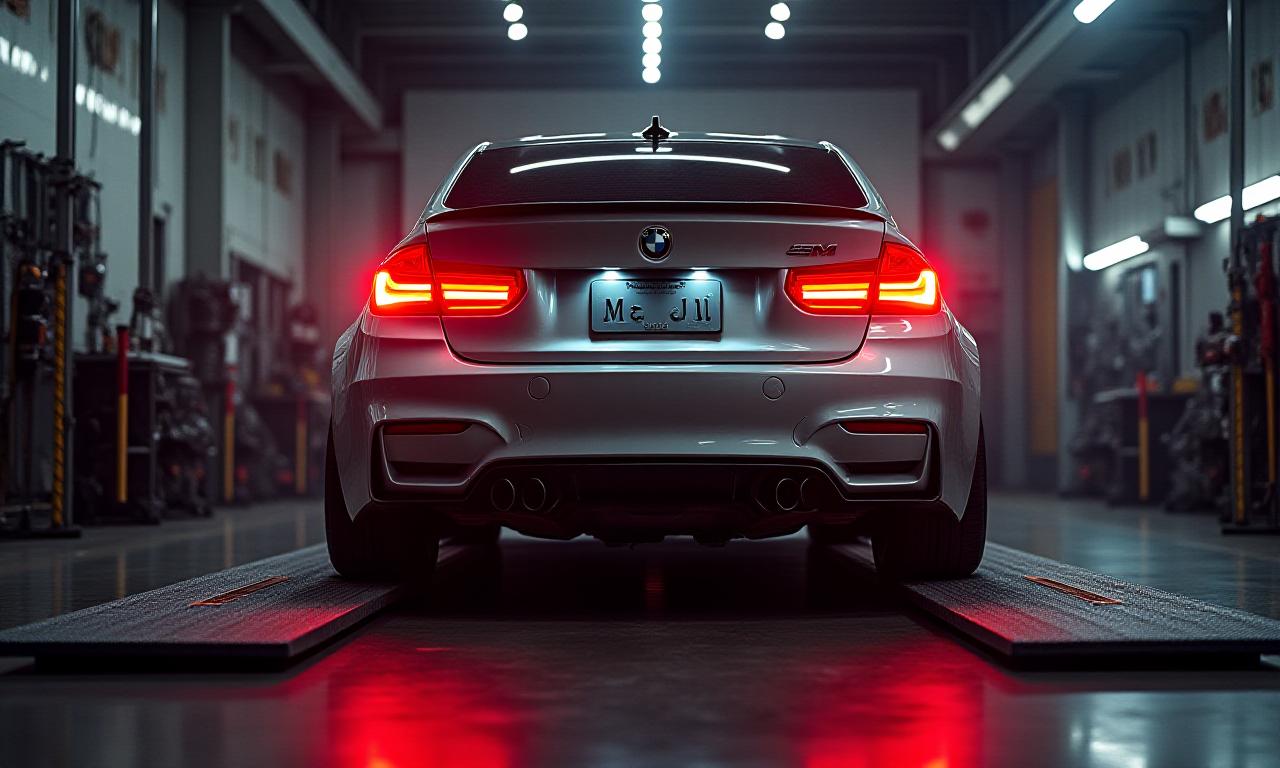 Modified performance car on a dyno machine in a dark workshop, exhaust glowing red