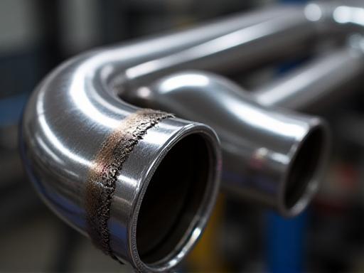 Close-up of a meticulously TIG-welded stainless steel exhaust pipe system