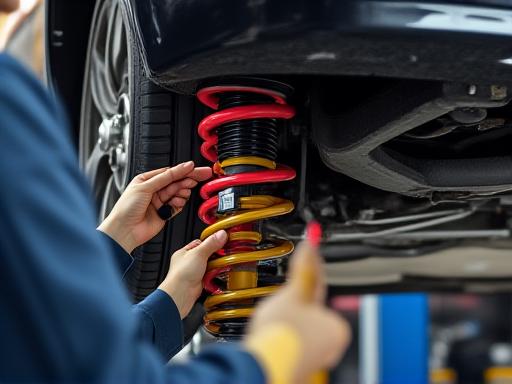 Technician installing an aftermarket coilover suspension system on a performance car